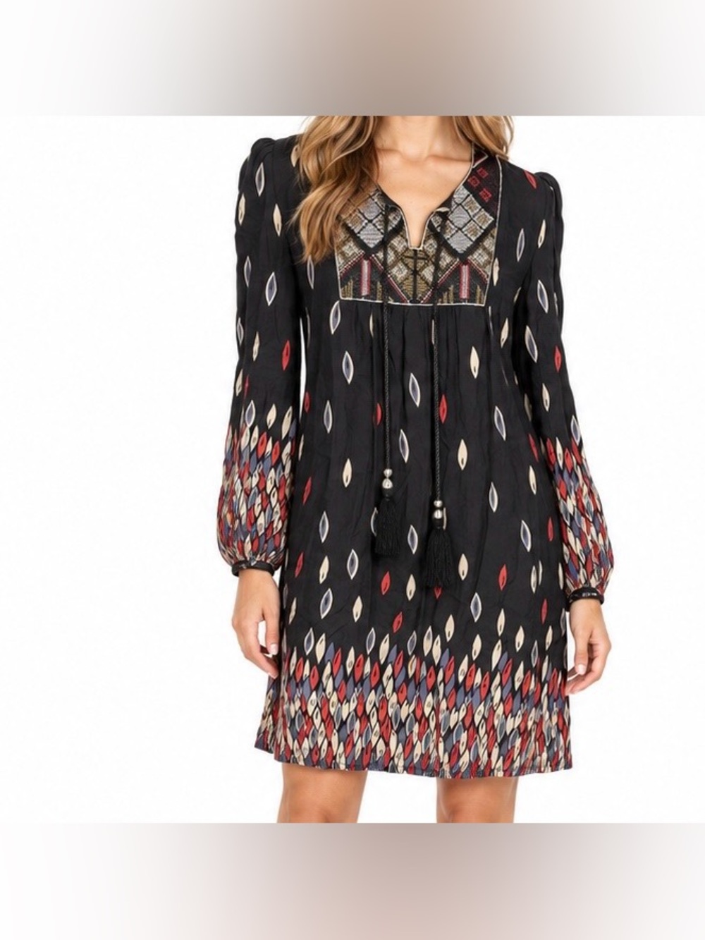 Molly Bracken Black Embroidered Border Print Boho Dress XS